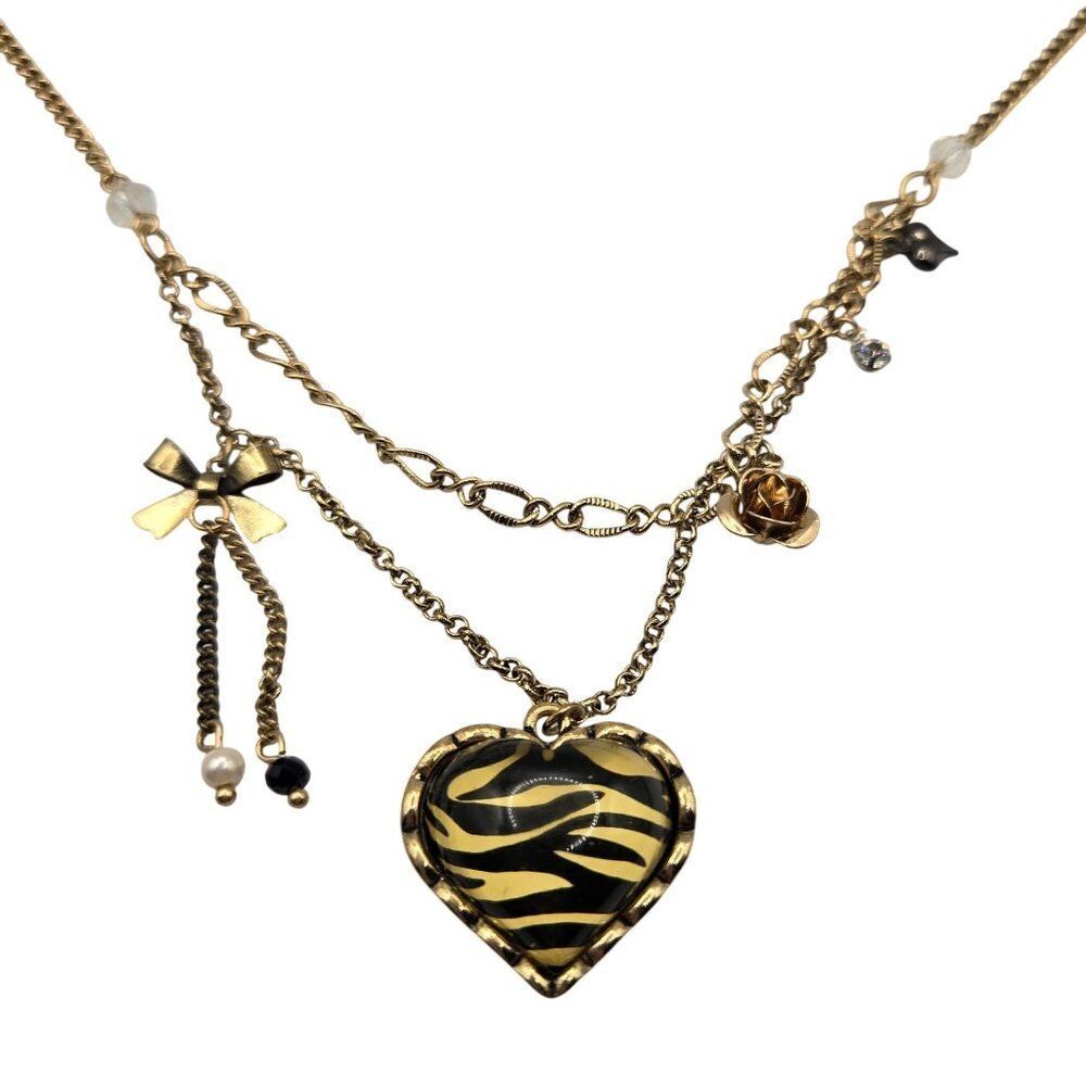 Vintage Y2K Betsey Johnson Jungle Fever Zebra Gold Heart Charm Necklace 20"